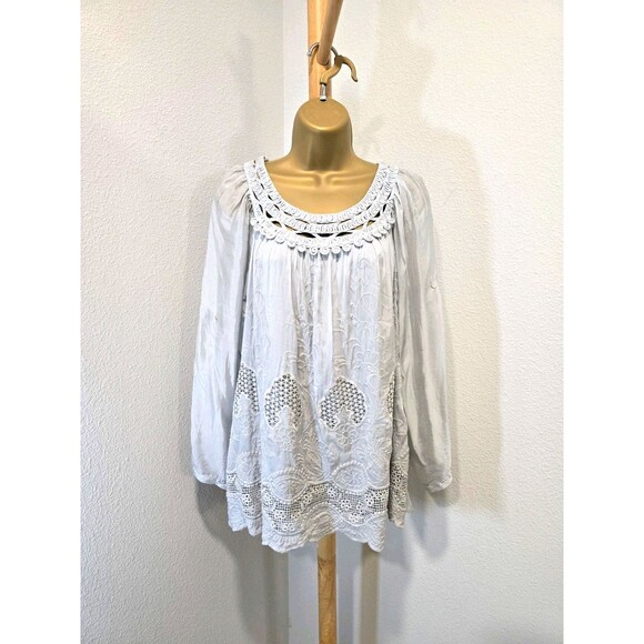 Tempo Paris Tops - Tempo Paris Silk Blend Top Womens Oversized Small Gray Embroidered Peasant Boho